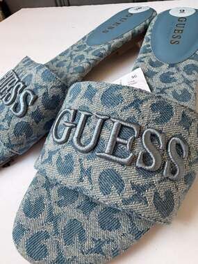 GUESS Bintai Denim Jacquard Embroidered Logo Platform Slide Sandals